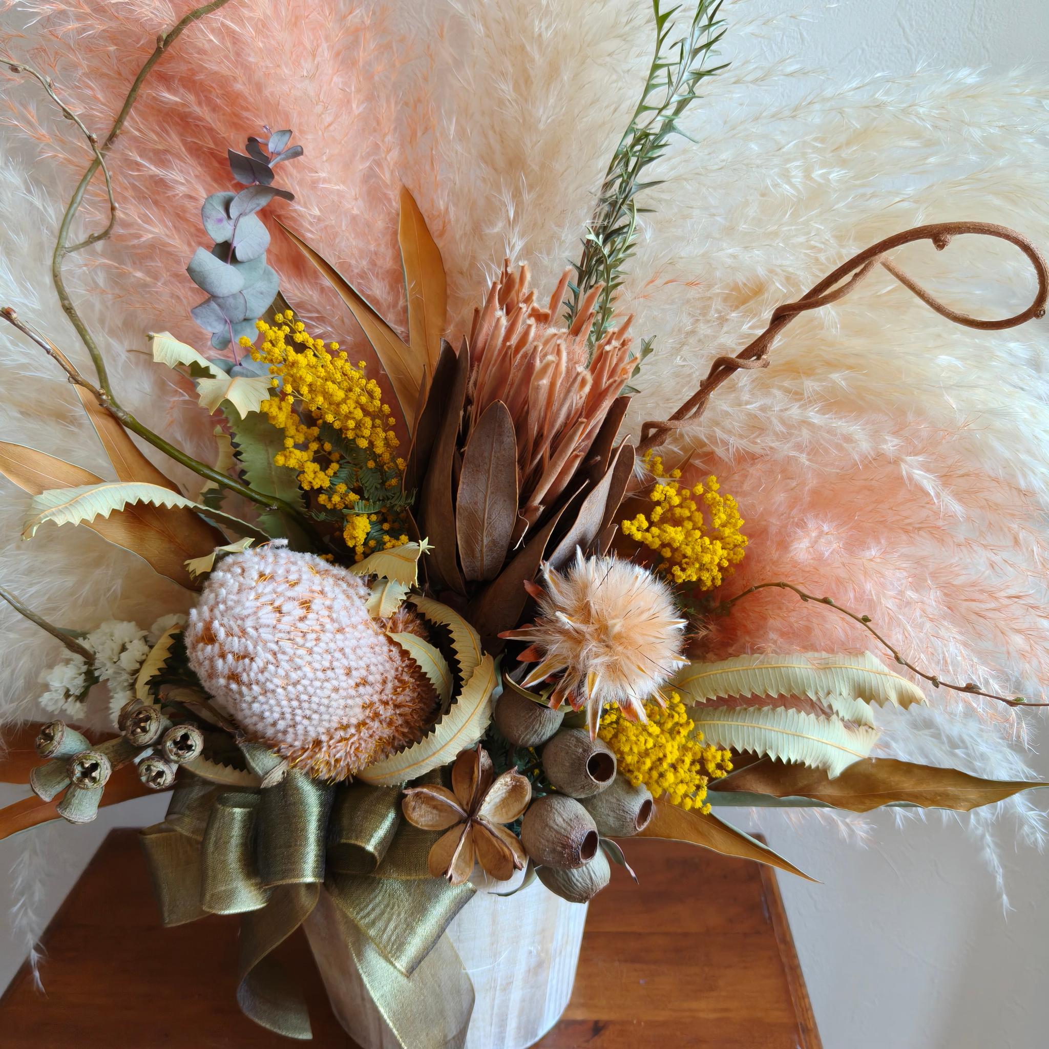 ワイルドフラワーとミモザのお祝い花L　パンパスグラス 開店祝い周年祝い新築祝い　インテリア店舗装飾　ドライフラワー | 12枚目